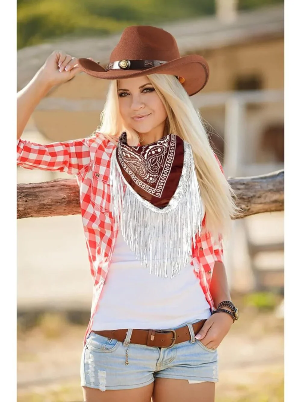 Hat with Fringed Bandana Set for Women Wide Brim Western Cowgirl Hat Paisley Hea